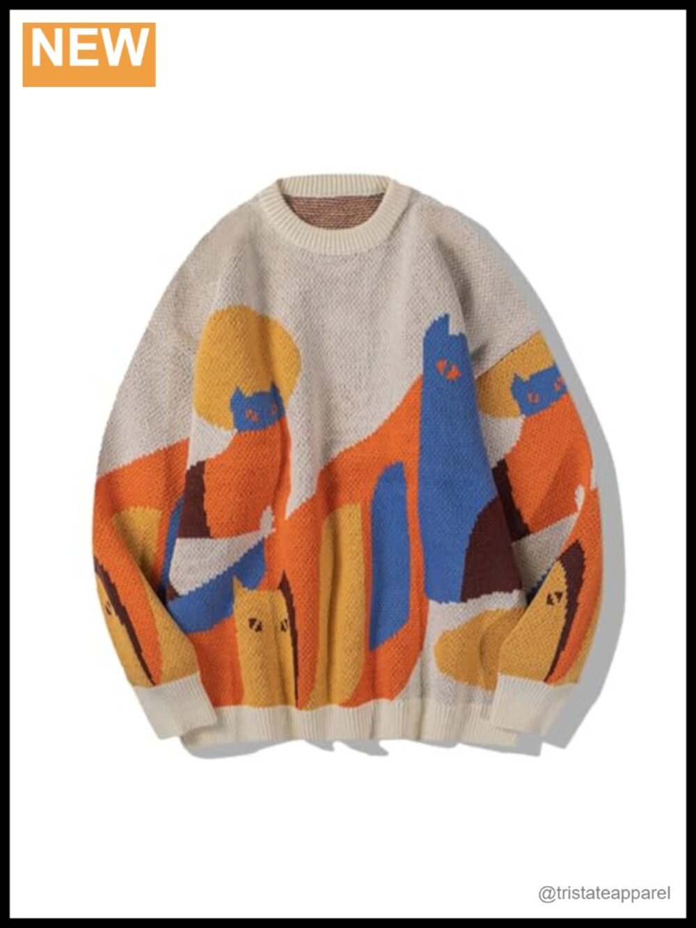 Oversized Crewneck Cat Graphic Knit Pullover Sweater